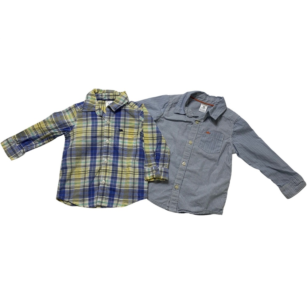 Carters Toddler Button Down Shirts Lot of 2 Plaid Striped 12M 18M Blue Yellow